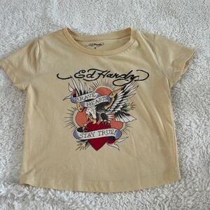Ed Hardy Womens Baby Crop Top Logo Brave Hearts Tee Sz M Cotton Blend Grunge